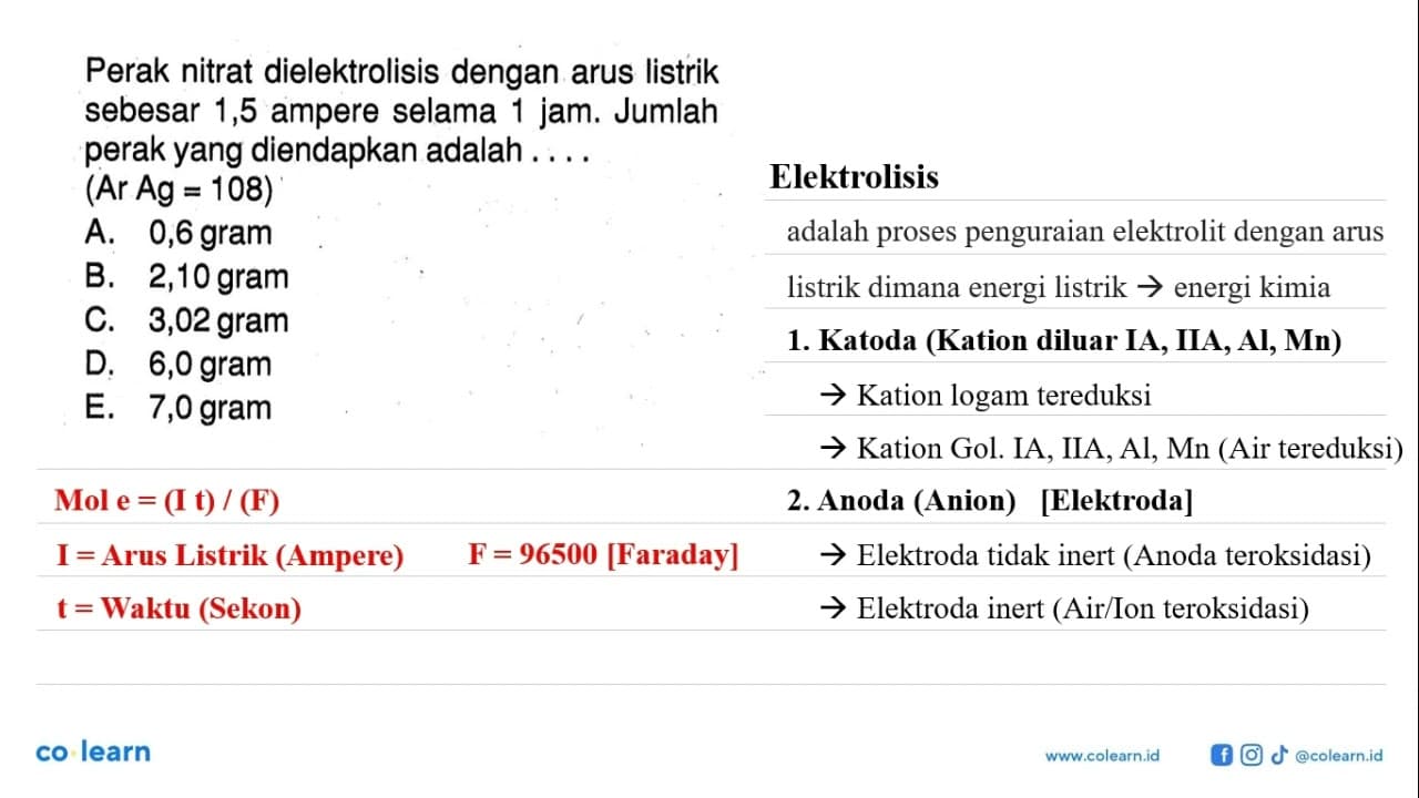 Perak nitrat dielektrolisis dengan arus listrik sebesar 1,5