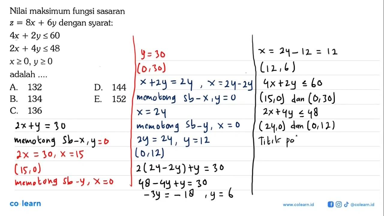 Nilai maksimum fungsi sasaran z=8x + 6y dengan syarat: 4x +