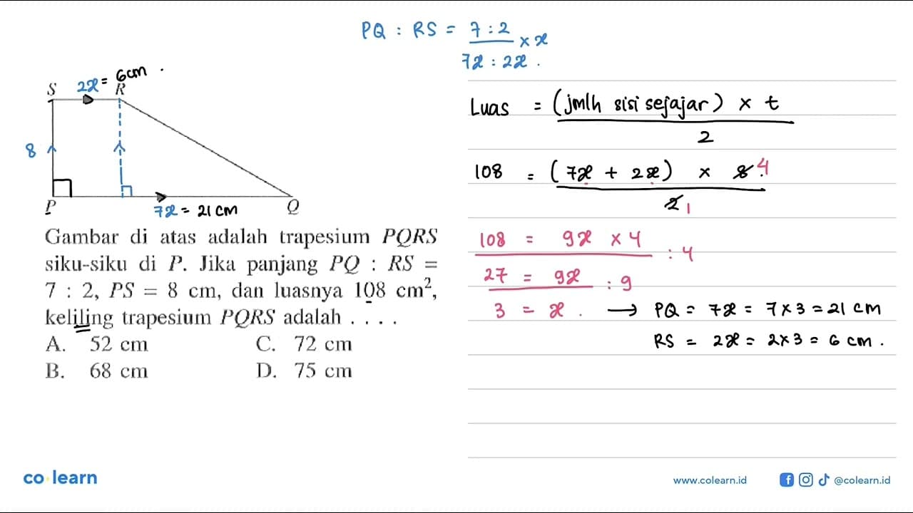 Gambar di atas adalah trapesium PQRS siku-siku di P. Jika