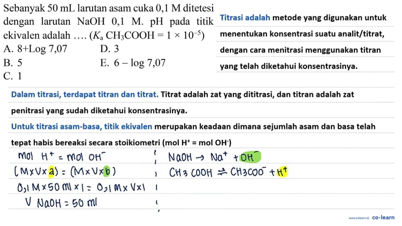 Sebanyak 50 mL larutan asam cuka 0,1 M ditetesi dengan