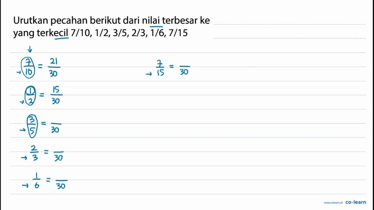 Urutkan pecahan berikut dari nilai terbesar ke yang