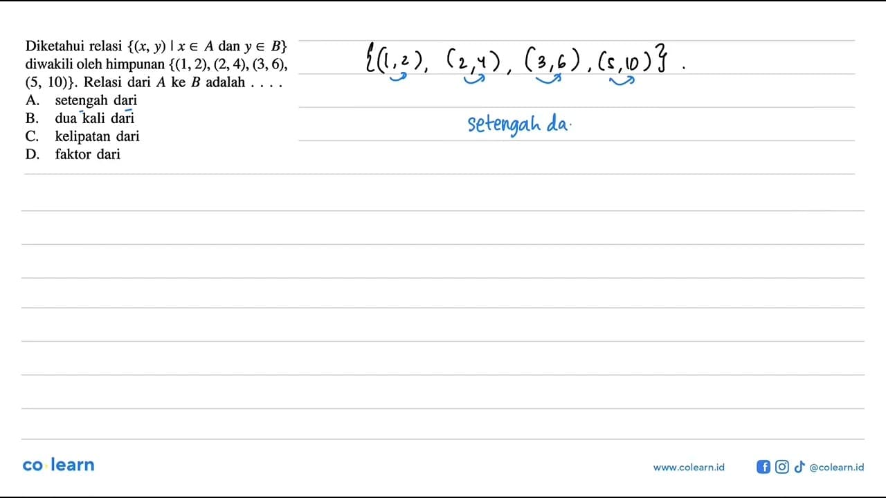 Diketahui relasi {(x, y) | x e A dan y e B} diwakili oleh