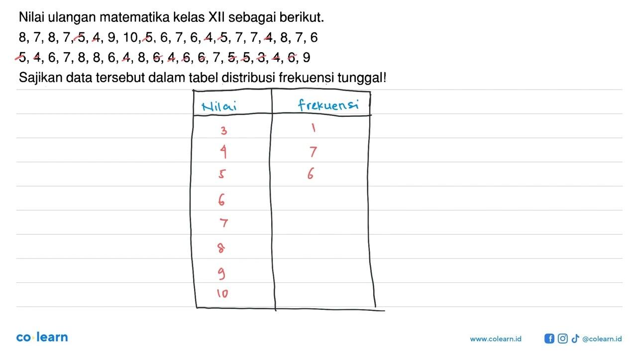 Nilai ulangan matematika kelas XII sebagai berikut. 8,7,