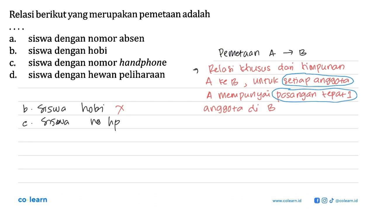 Relasi berikut yang merupakan pemetaan adalah a. siswa