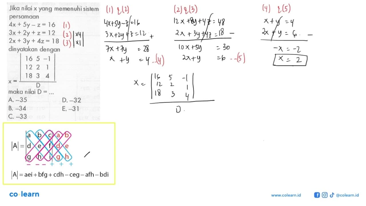 Jika nilai x yang memenuhi sistem persamaan4 x+5y-z=16 3