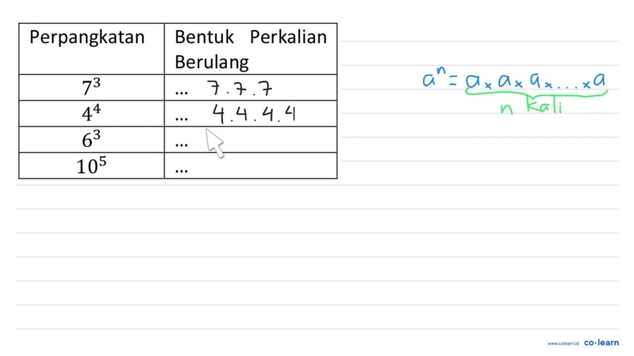 Perpangkatan Bentuk Perkalian Berulang 7^(3) ... 4^(4) ...