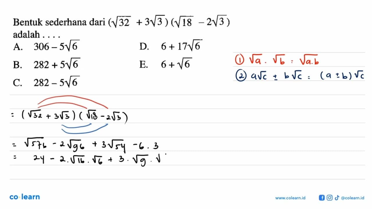 Bentuk sederhana dari (akar(32)+3 akar(3))(akar(18)-2