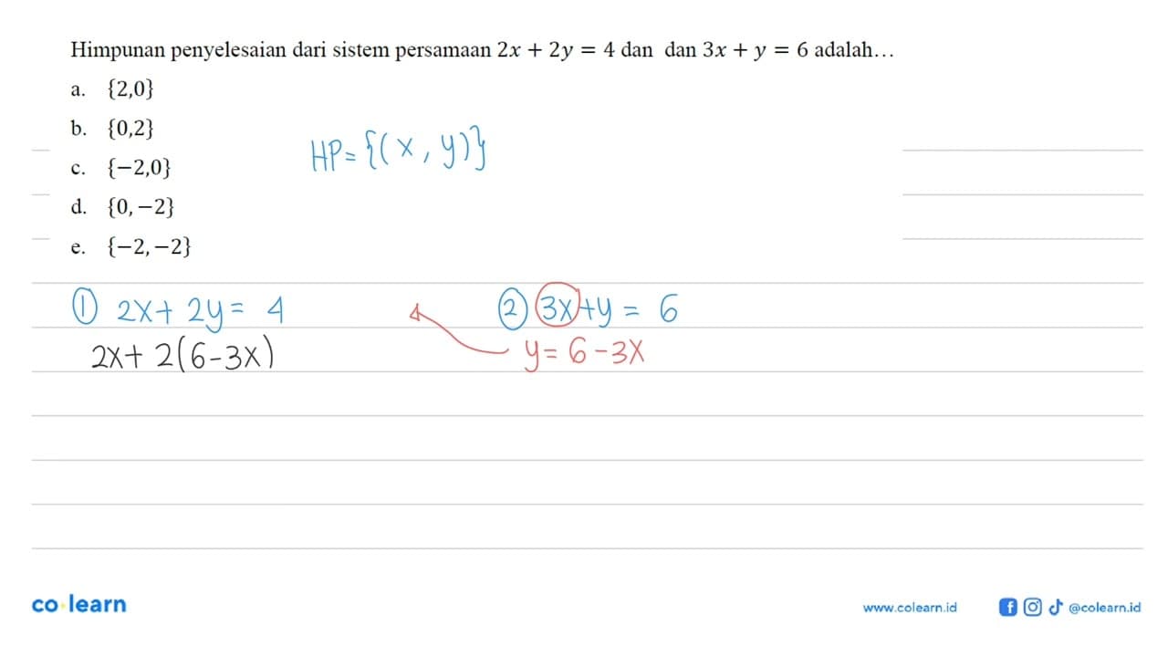 Himpunan penyelesaian dari sistem persamaan 2x+2y=4 dan dan