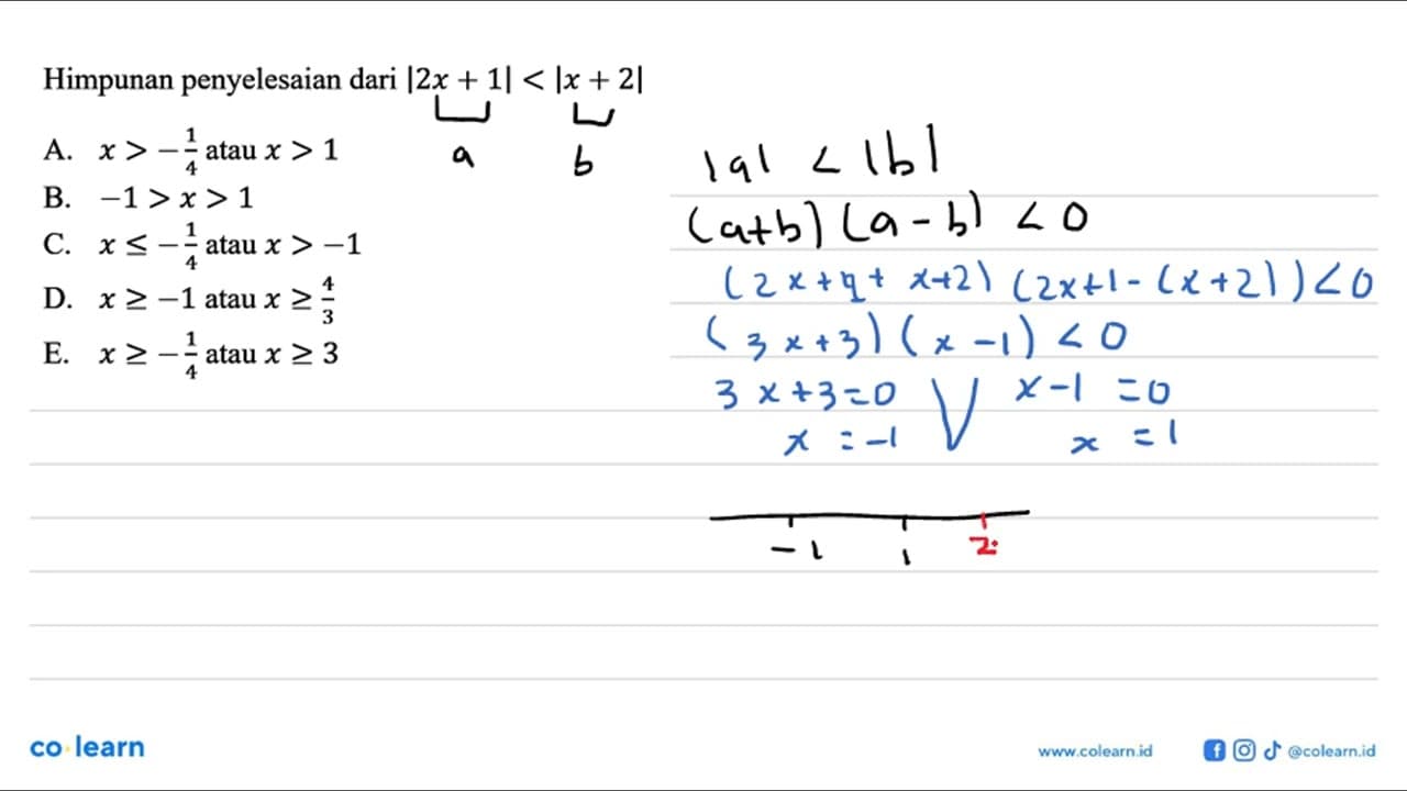 Himpunan penyelesaian dari |2x+1|<|x+2|
