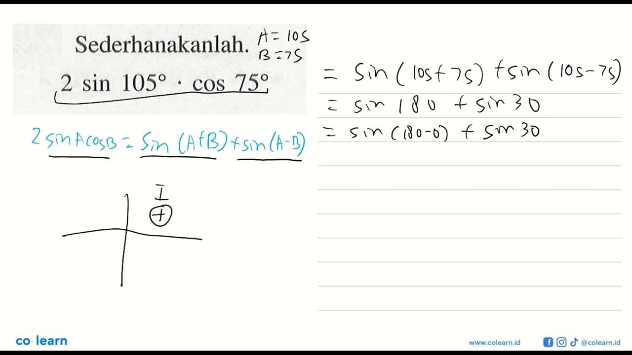 Sederhanakanlah. 2 sin 105 cos 75