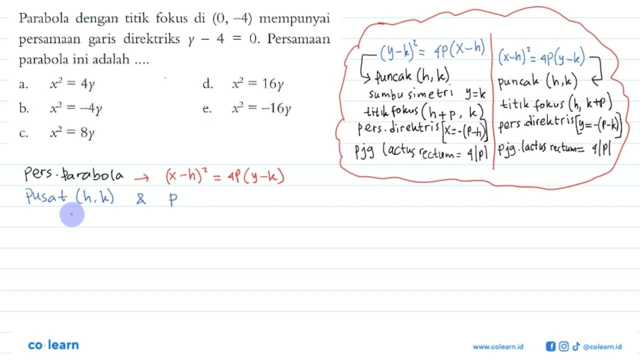 Parabola dengan titik fokus di (0, -4) mempunyai persamaan