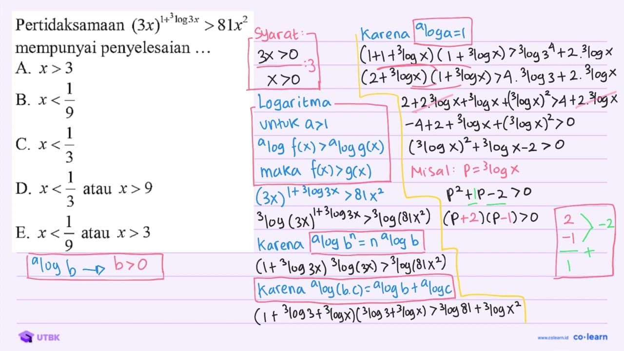 mempunyai penyelesaian ... A. x>3 B. x<(1)/(9) C. x<(1)/(3)