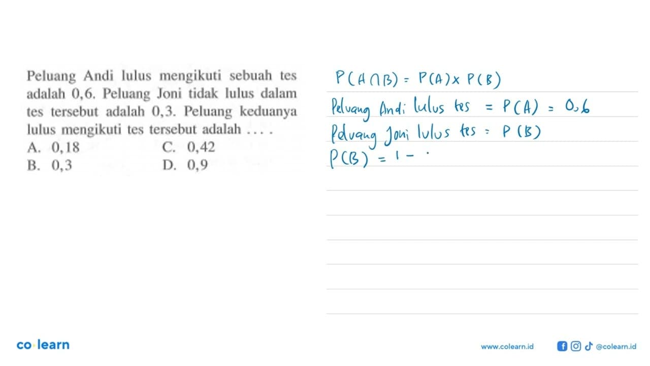 Peluang Andi lulus mengikuti sebuah tes adalah 0,6. Peluang