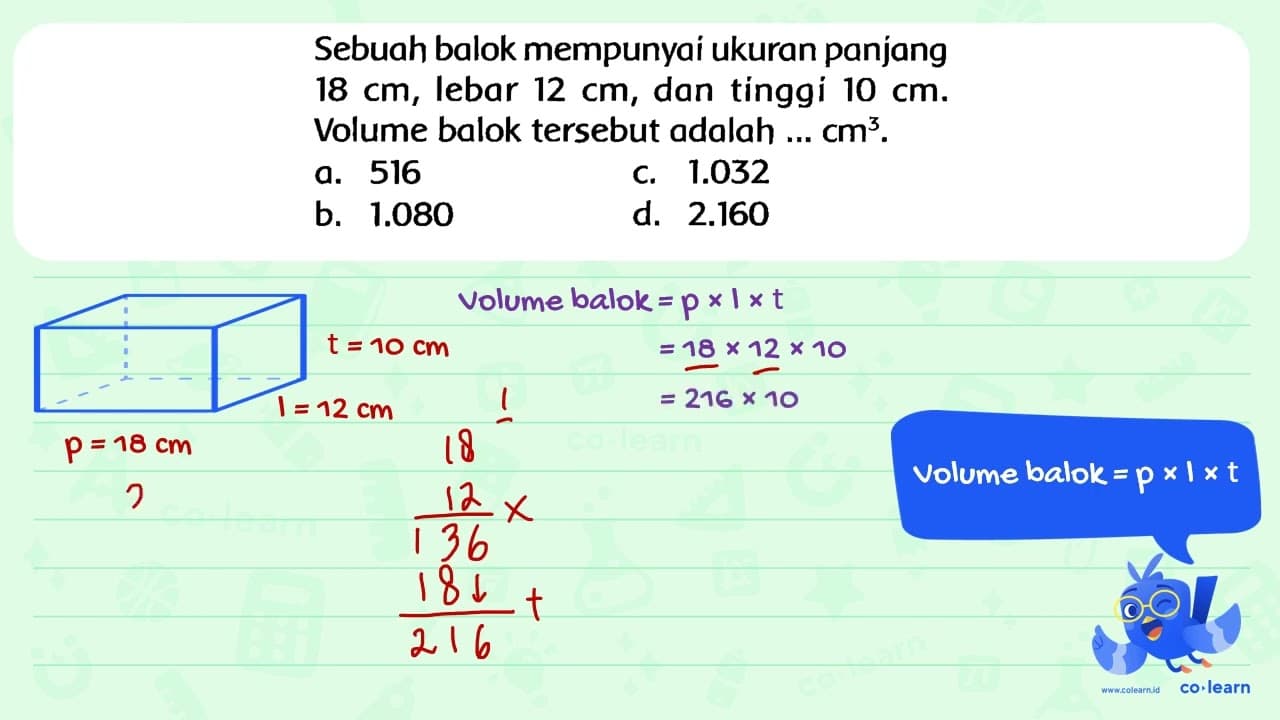 Sebuah balok mempunyai ukuran panjang 18 cm , lebar 12 cm ,