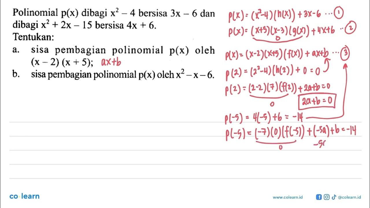 Polinomial p(x) dibagi x^2-4 bersisa 3x-6 dan dibagi