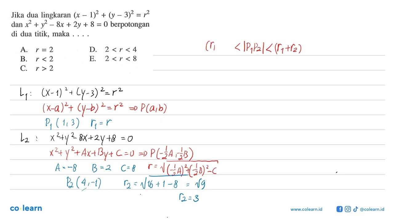 Jika dua lingkaran (x-1)^2+(y-3)^2=r^2 dan