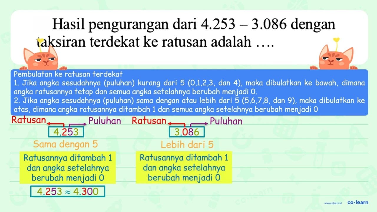 Hasil pengurangan dari 4.253 - 3.086 dengan taksiran