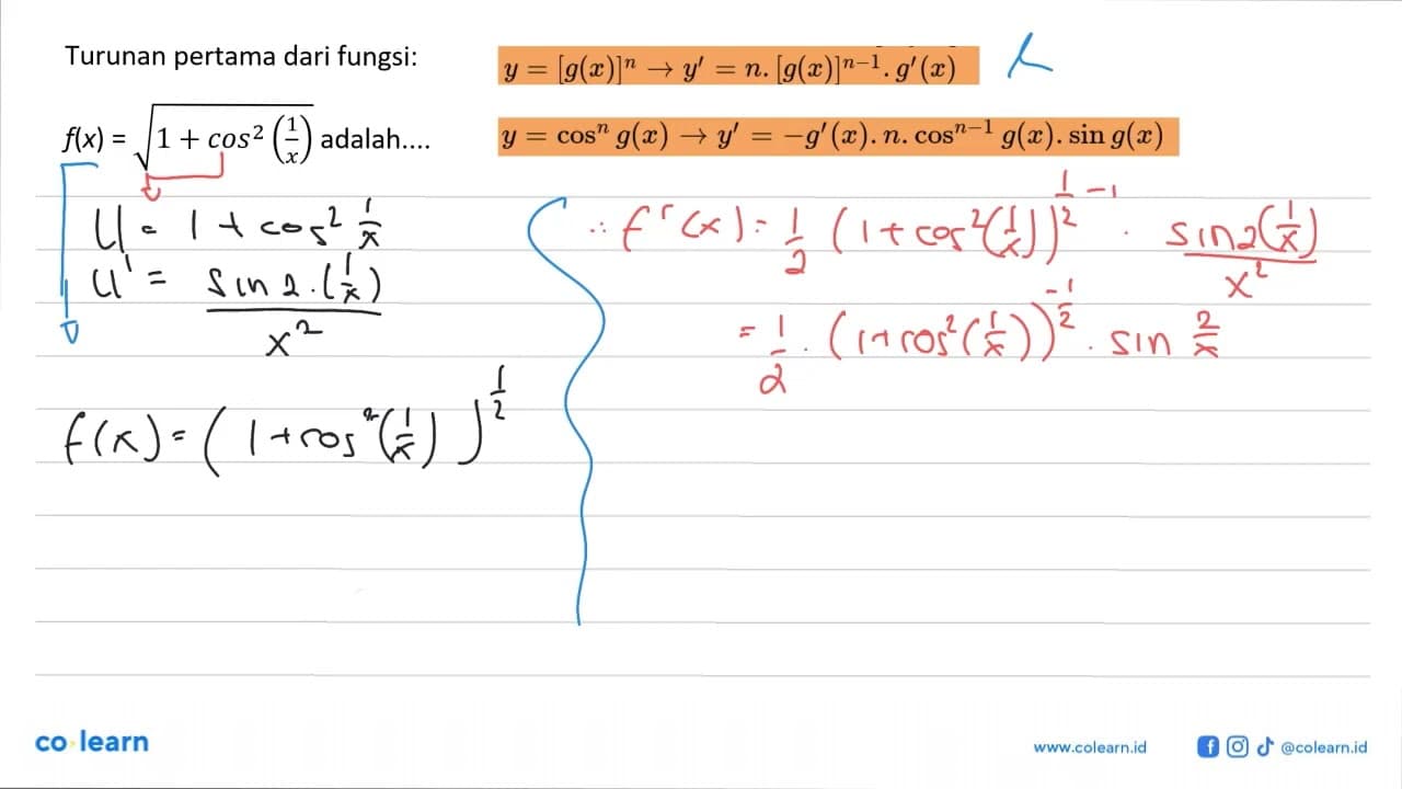 Turunan pertama dari fungsi: f(x)=akar(1+cos^2(1/x)) adalah