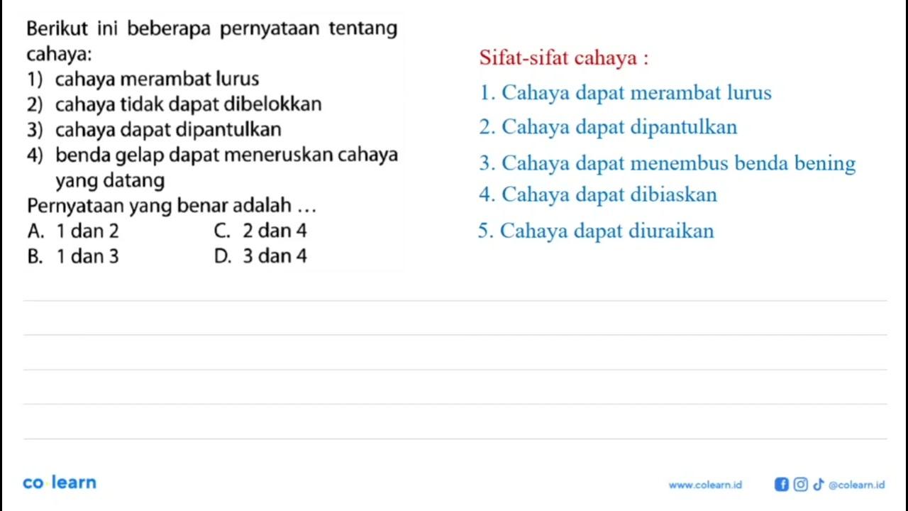 Berikut ini beberapa pernyataan tentang cahaya:1) cahaya