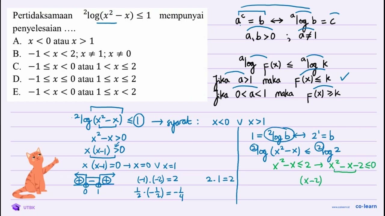 Pertidaksamaan { )^(2) log (x^(2)-x) <= 1 mempunyai