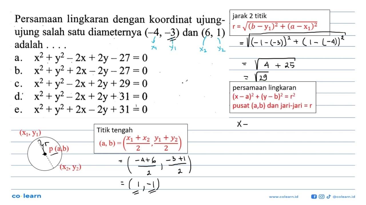 Persamaan lingkaran dengan koordinat ujungujung salah satu