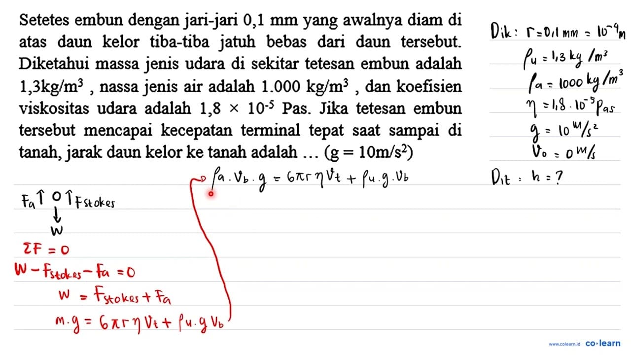 Setetes embun dengan jari-jari 0,1 mm yang awalnya diam di