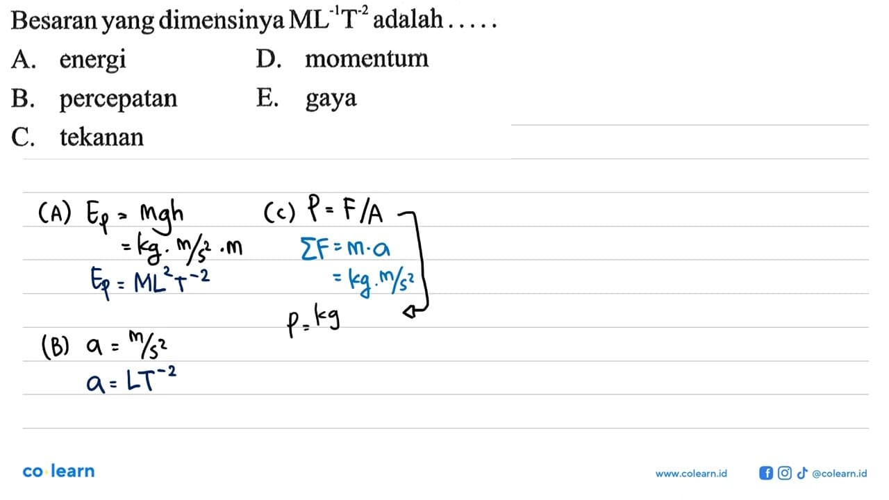 Besaran yang dimensinya M L^(-1) T^(-2) adalah .....