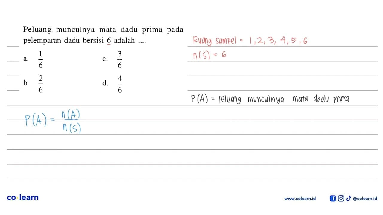 Peluang munculnya mata dadu prima pada pelemparan dadu