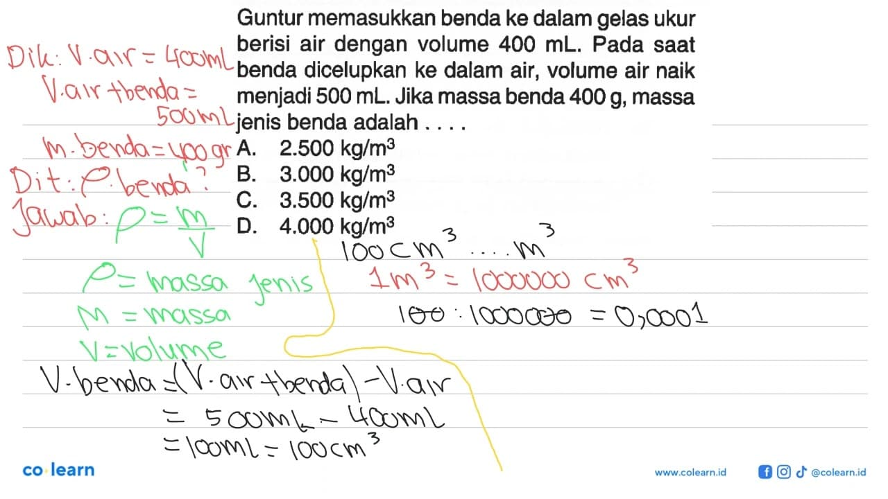 Guntur memasukkan benda ke dalam gelas ukur berisi air