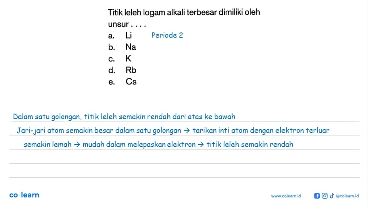 Titik leleh logam alkali terbesar dimiliki oleh unsur....