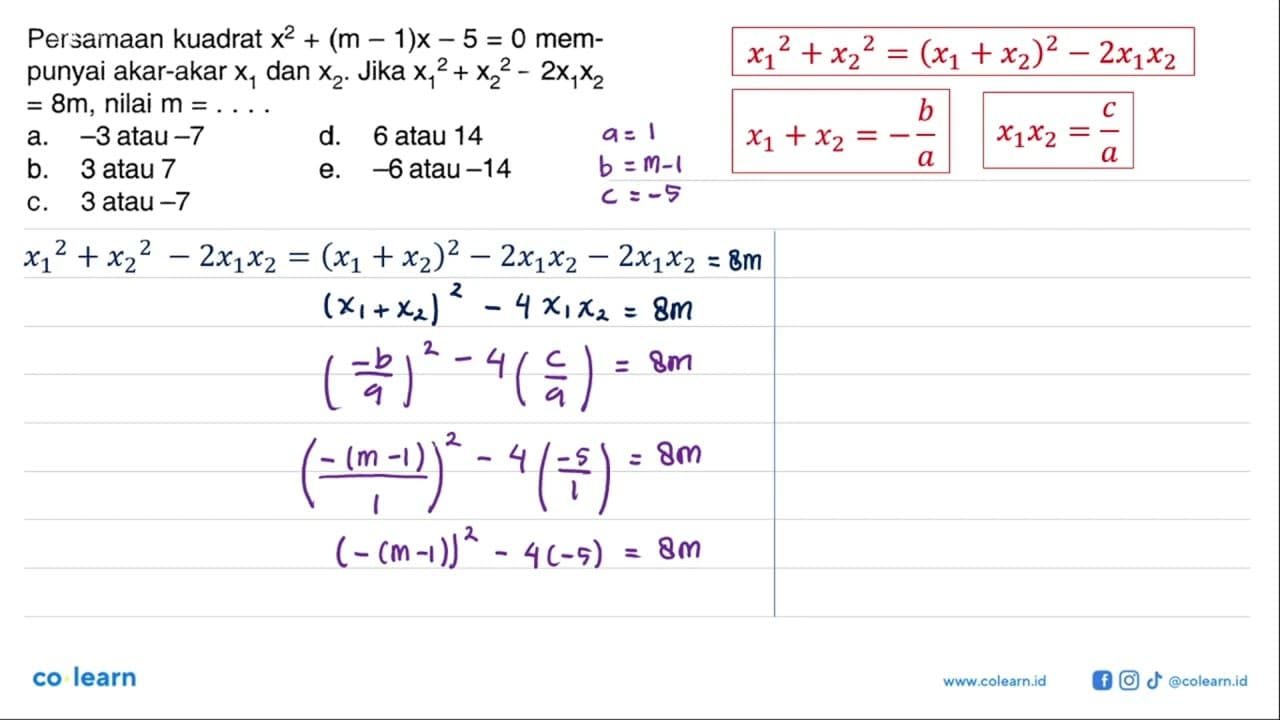 Persamaan kuadrat x^2+(m-1)x-5=0 mempunyai akar-akar x1 dan