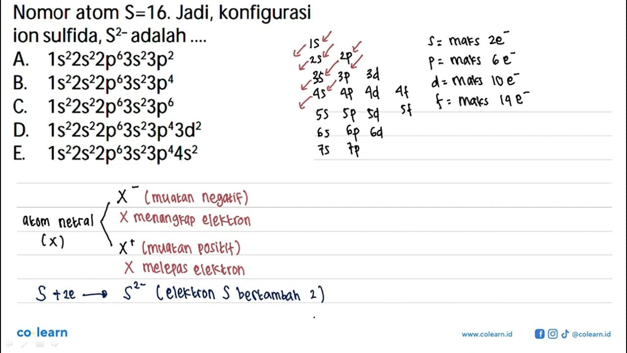 Nomor atom S = 16. Jadi, konfigurasi ion sulfida, S^(2-)