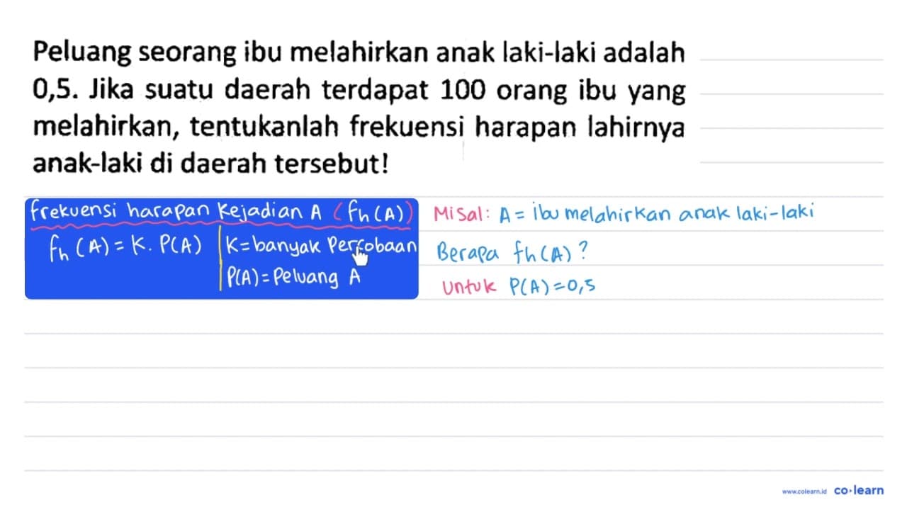 Peluang seorang ibu melahirkan anak laki-laki adalah 0,5.