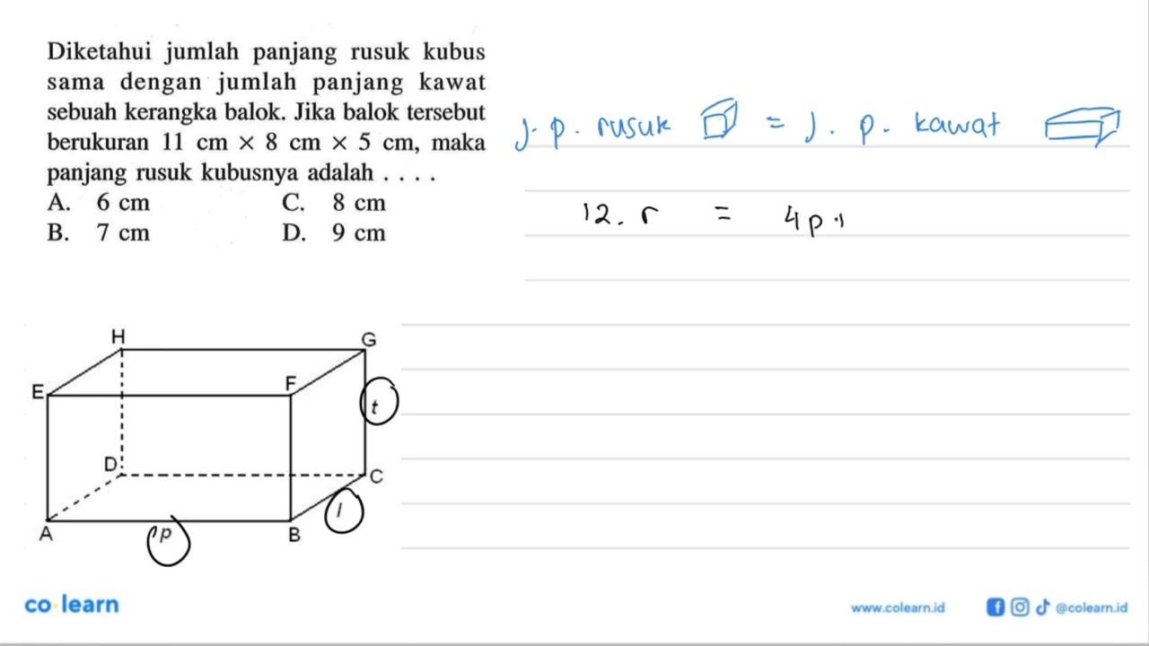 Diketahui jumlah panjang rusuk kubus sama dengan jumlah