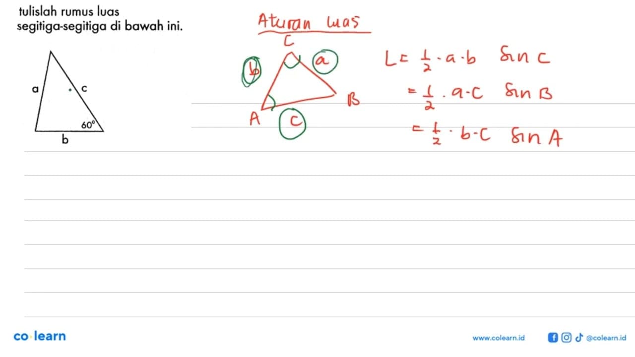 tulislah rumus luas segitiga-segitiga di bawah ini.a c 60 b