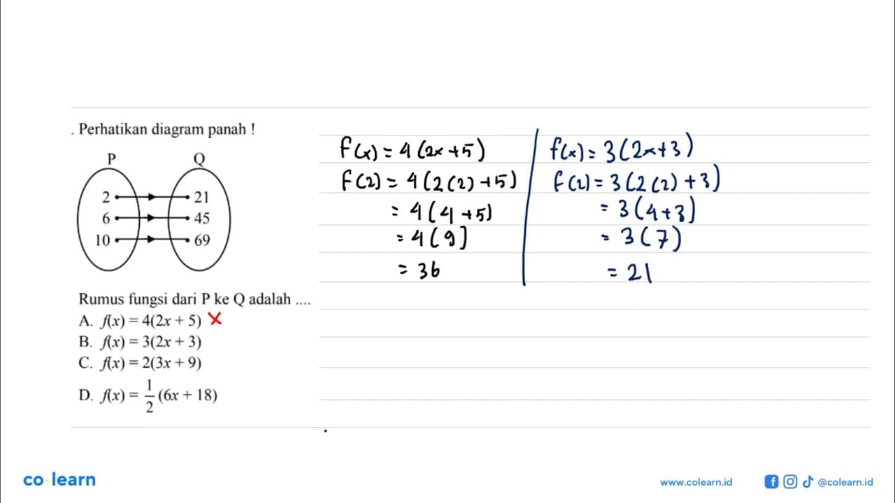 Perhatikan diagram panah! 2 21 6 45 10 69 Rumus fungsi dari