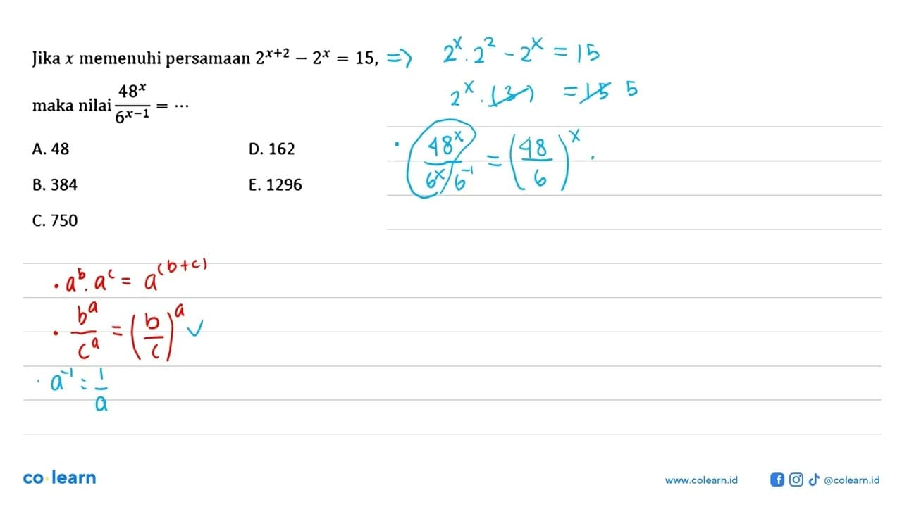 Jika x memenuhi persamaan 2^x+2 -2*^x = 15, maka nilai