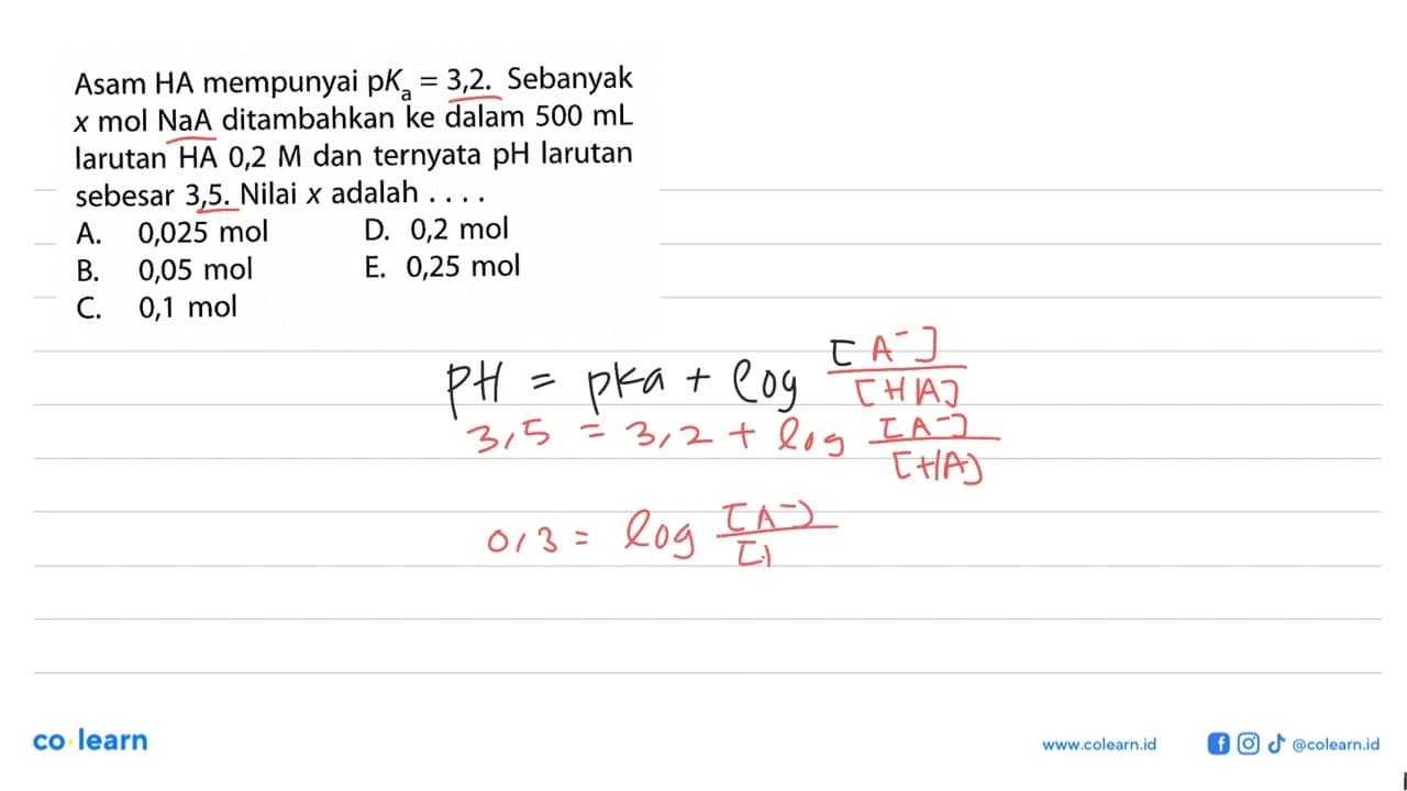 Asam HA mempunyai pKa=3,2. Sebanyak x mol NaA ditambahkan