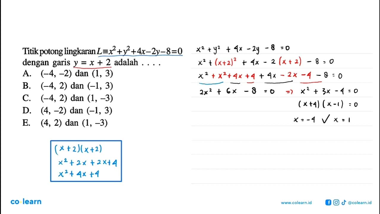 Titik potong lingkaran L ekuivalen x^2+y^2+4x-2y-8=0 dengan