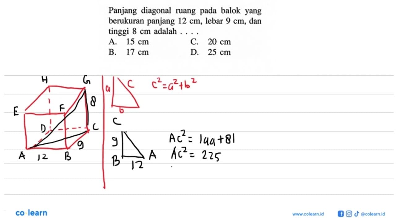 Panjang diagonal ruang pada balok yang berukuran panjang 12