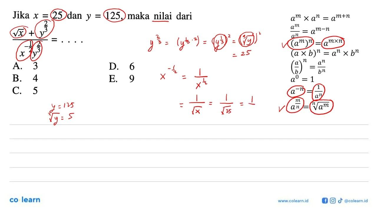 Jika x=25 dan y=125, maka nilai dari (akar(x) +