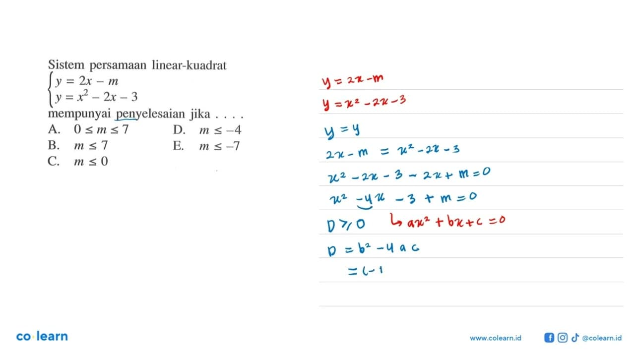 Sistem persamaan linear-kuadrat {y=2 x-m y=x^2-2