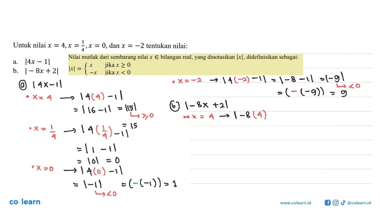 1 Untuk nilai x=4, x=1/4, x=0, dan x=-2 tentukan nilai: a.