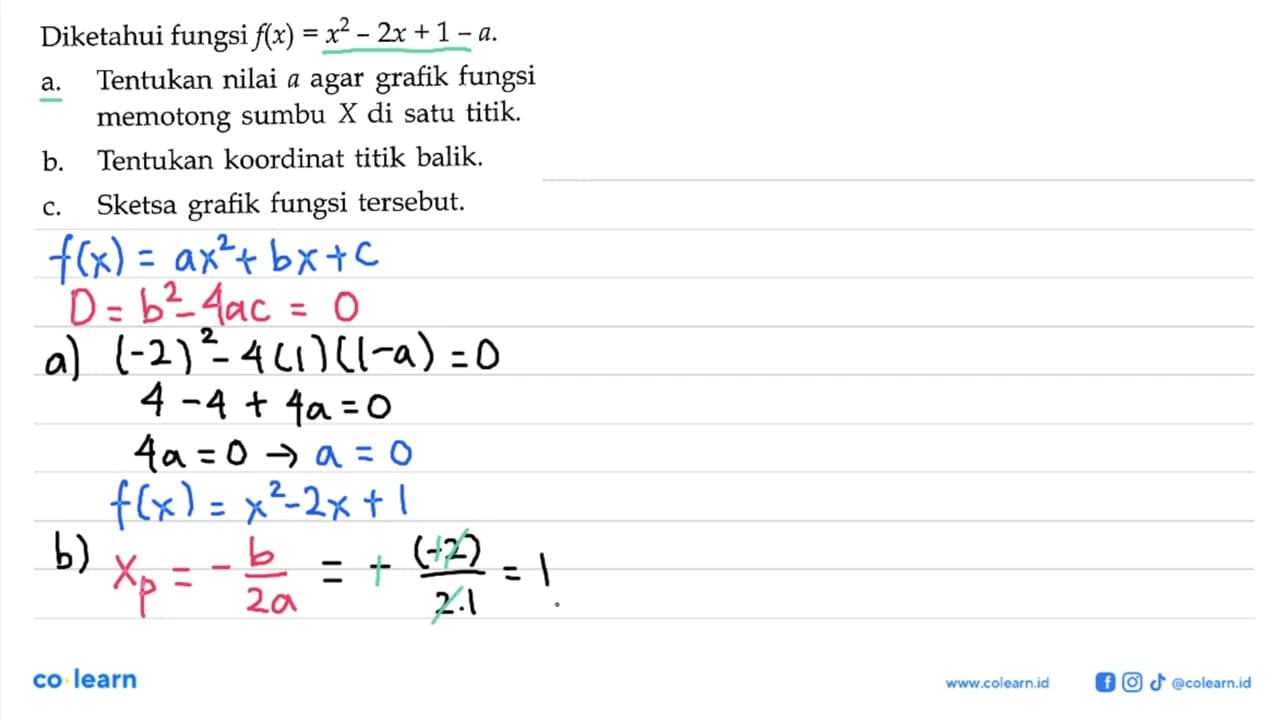 Diketahui fungsi f(x)=x^2-2x+1-a.a. Tentukan nilai a agar