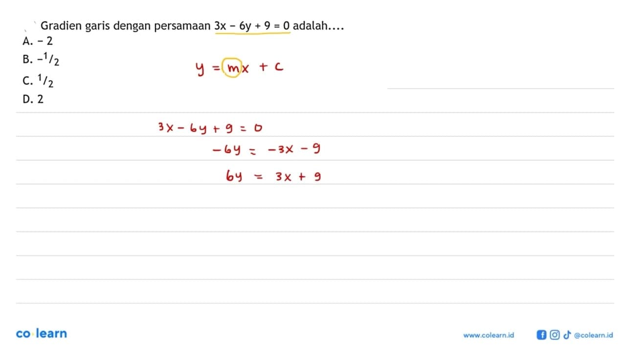 Gradien garis dengan persamaan 3x - 6y + 9 = 0 adalah ....