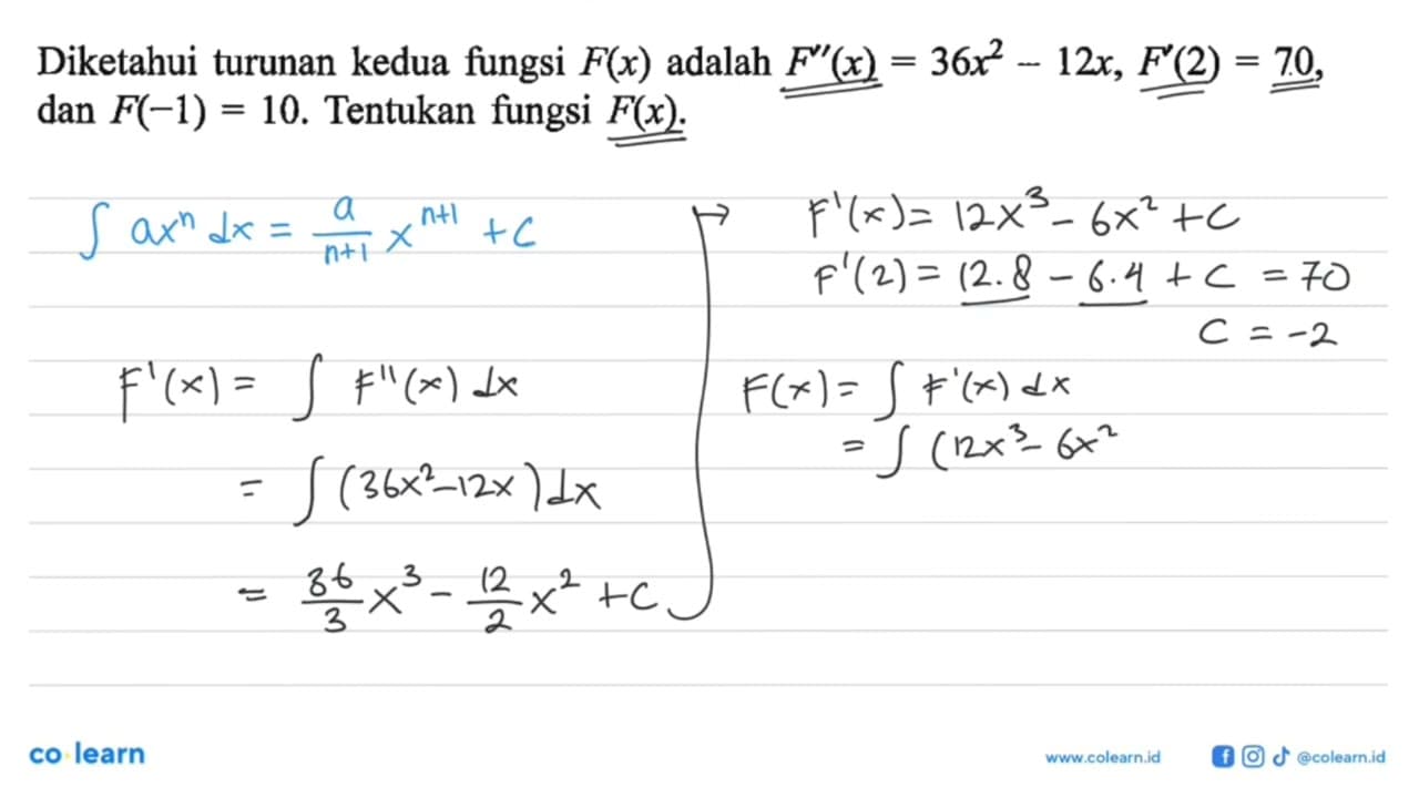 Diketahui turunan kedua fungsi F(x) adalah F'(x) = 36x^2 -