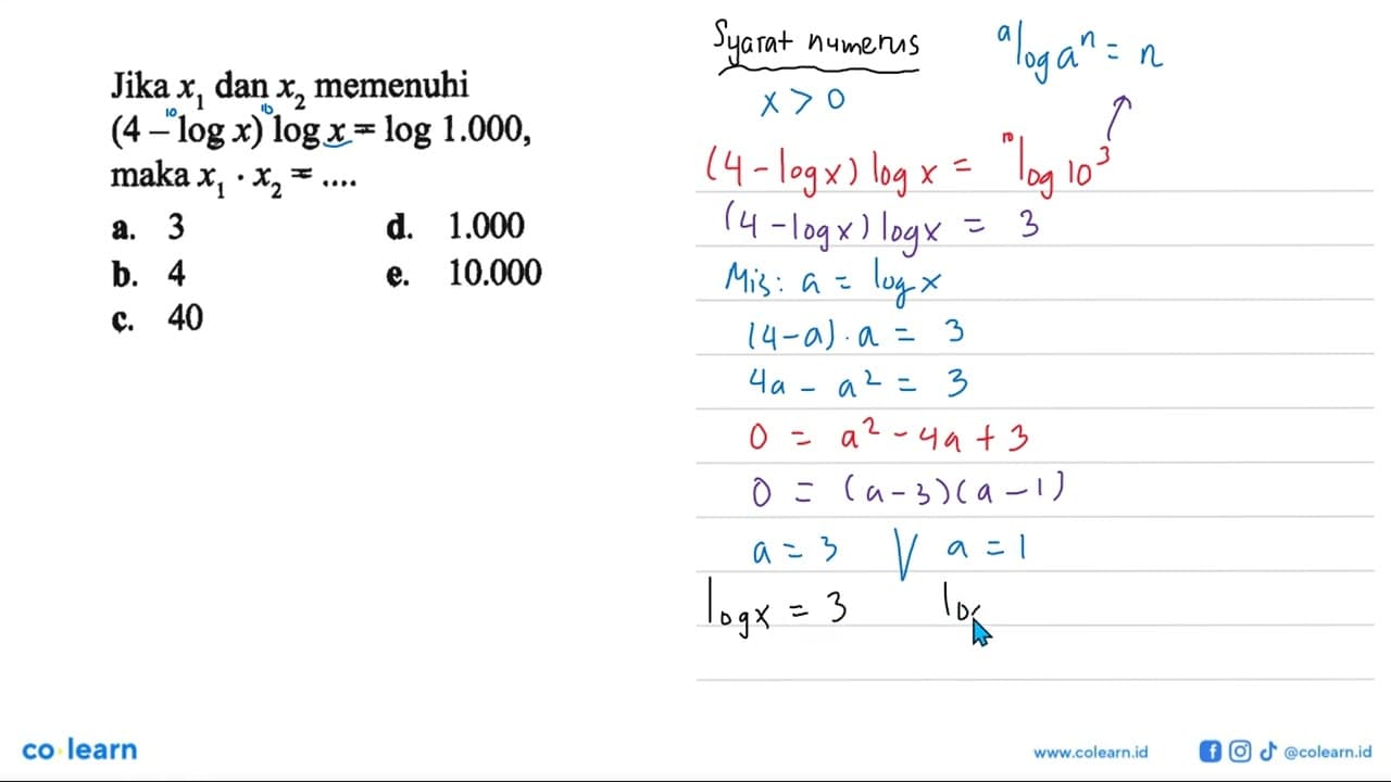 Jika x1 dan x2 memenuhi (4-log x)log x=log 1.000, maka