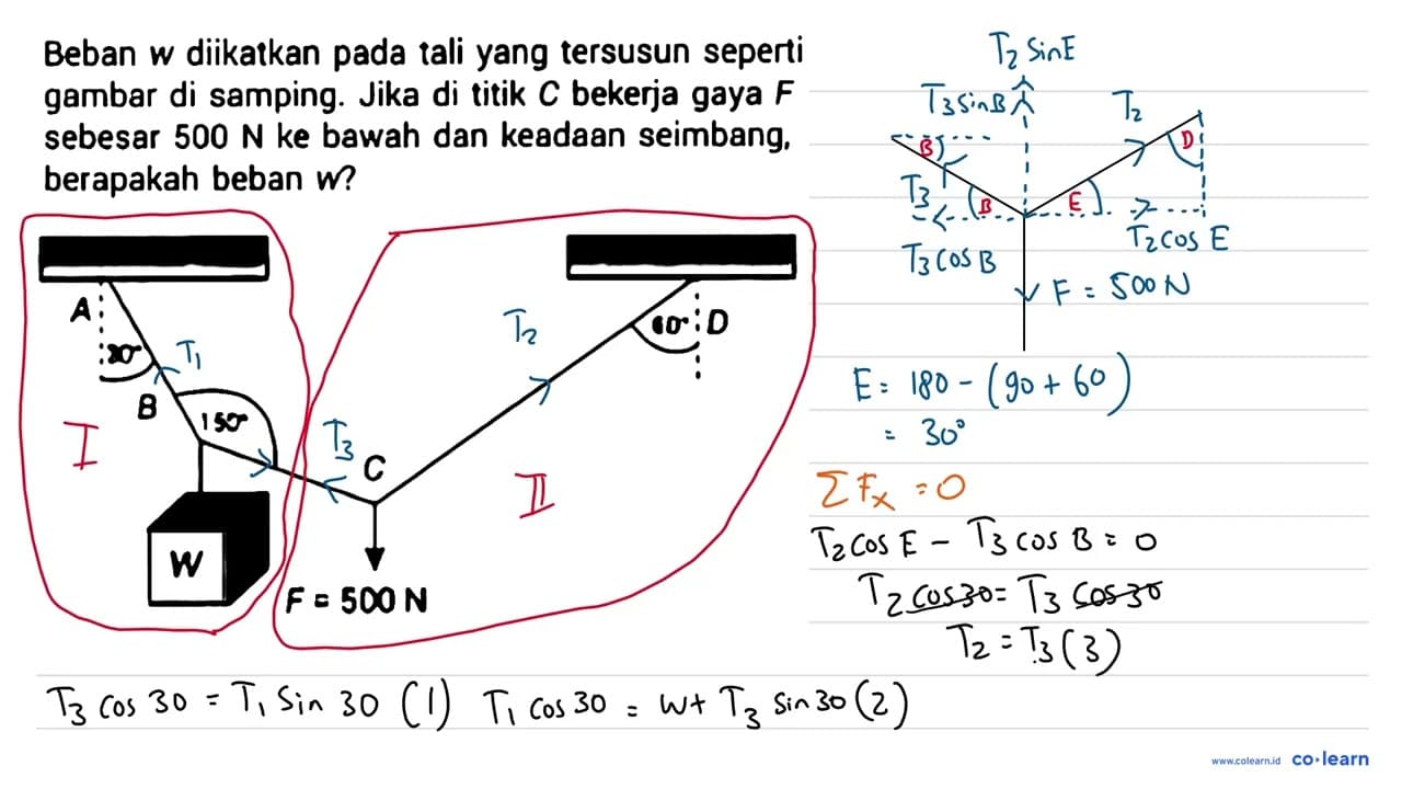 Beban w diikatkan pada tali yang tersusun seperti gambar di