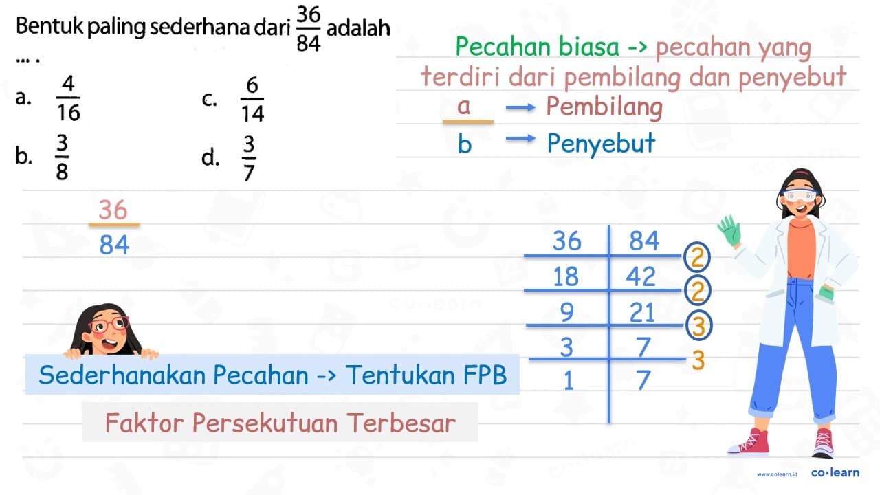 Bentuk paling sederhana dari (36)/(84) adalah a. (4)/(16)