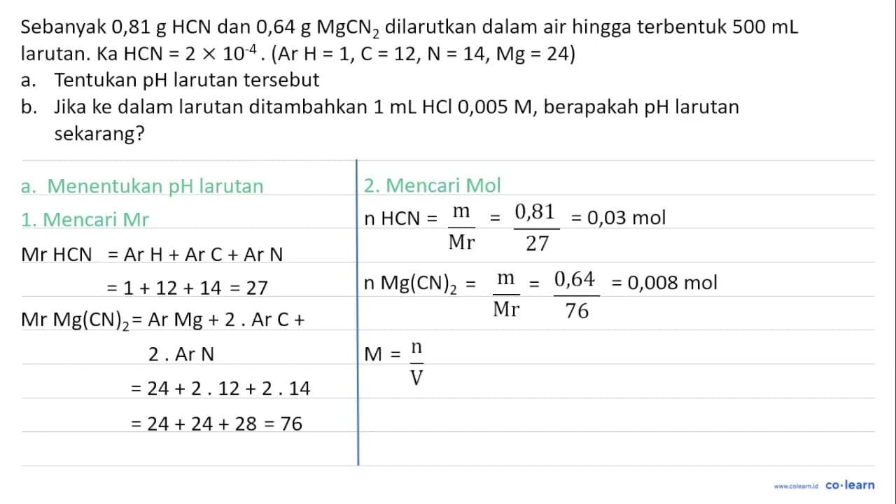 Sebanyak 0,81 g HCN dan 0,64 g MgCN2 dilarutkan dalam air